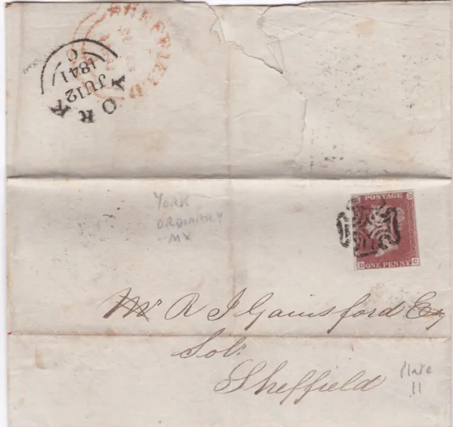 1841 QV 1d PENNY RED STAMP BLACK PLATE 11 ORDINARY YORK MX MALTESE X ON LETTER
