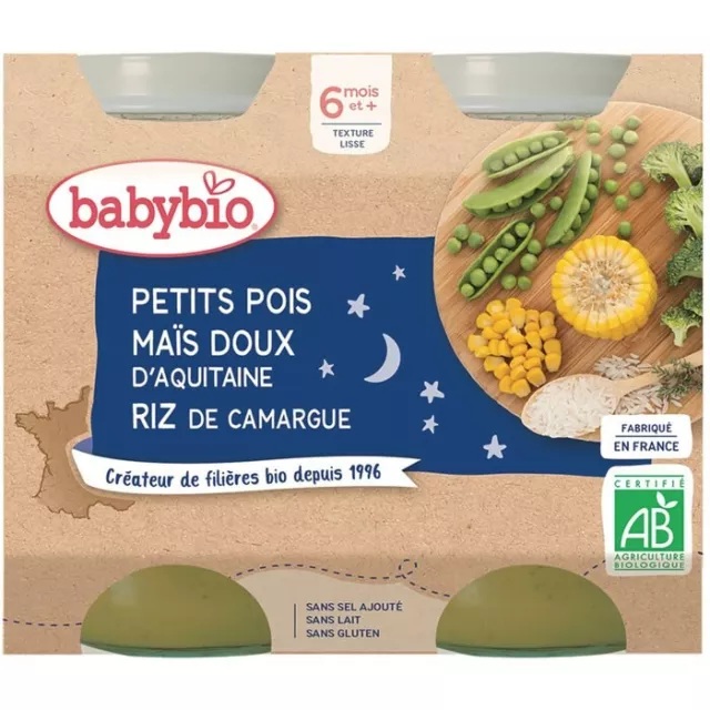 lot 3x2 BABYBIO Bonne Nuit Petits pois, maïs doux et riz bio dès 6 mois 200 gr