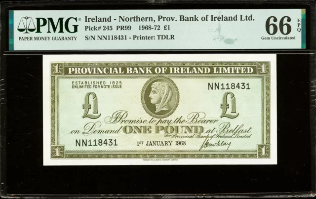Northern Ireland One Pound 1968 Pick-245 GEM UNC PMG 66 EPQ