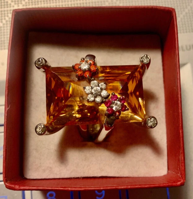Sterling Silver Ring Large Peach  Colored Stone With Color And Clear Accents*