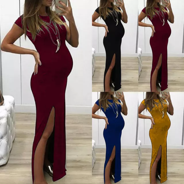 Pregnant Womens Short Sleeve Bodycon Dress Maternity Summer Maxi Sundress UK