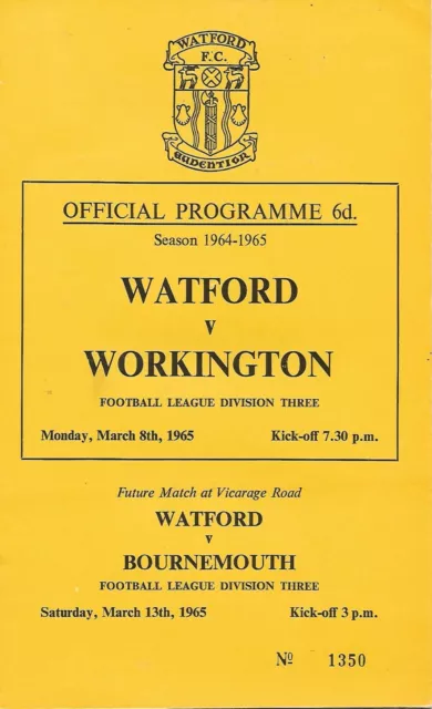 Watford v Workington - Div 3 - 8/3/1965 - Football Programme
