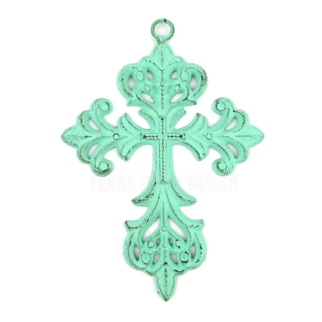 Turquoise Scroll Wall Cross Fleur De Lis Antique Style Rustic Cast Iron  7"