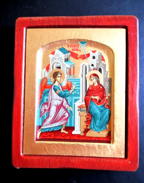 Icono de madera ortodoxo ruso y griego "La Anunciación" de Jerusalén, Bendito