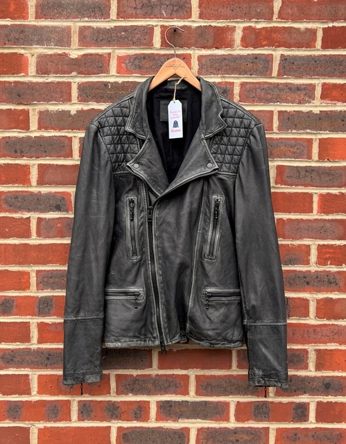 All Saints Mens Quilted CARGO Leather Biker Jacket Bomber XL EXTRA LARGE Moto 2