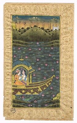 Mughal Miniature Old Painting Of Emperor & Empress Enjoying Quality Time On Boat
