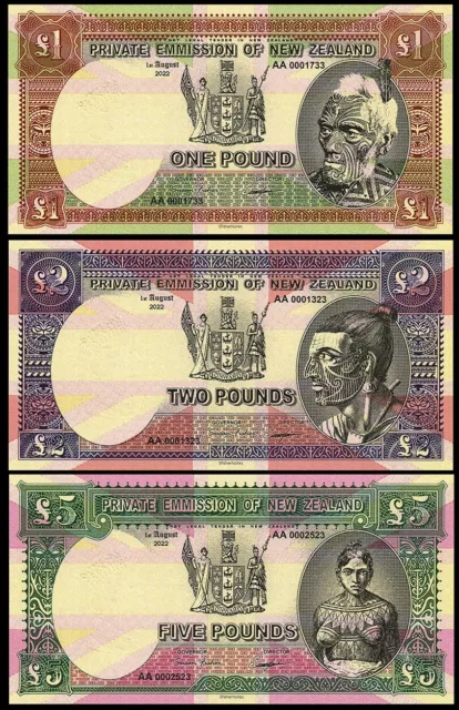 LOT 3 pcs notes New Zealand 1 2 and 5 Pounds 2022 year POLYMER UNC uncirculated.