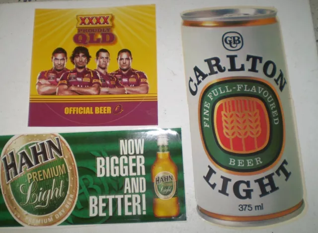 3 Beer adv. stickers - Carlton, XXXX, Hahn - FREE POST AUSTRALIA