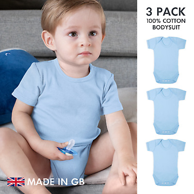 Baby Bodysuit 3 PACK Sky Blue Boys Girls Blank Babygrow Vest Short Sleeve UK
