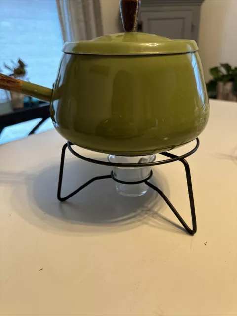 Mid Century Vintage Avocado Green Enameled Fondue Pot With Lid StandWood Handle