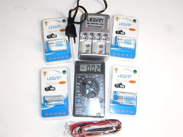 2 batterie 9 v rechargeable NiMH  380 mAh + tester digital 1,2 /9v +kit completo