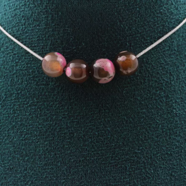 Collier 4 perles Agate fuchsia et marron 8 mm. Chaine en acier Collier femmes,