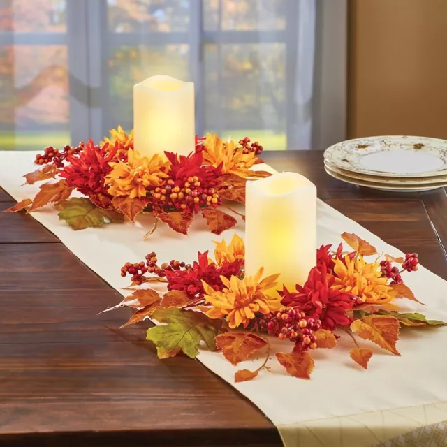 Set of 2 Autumn Harvest Mum Ivory LED Pillar Candle Table Centerpiece