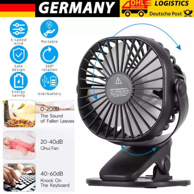 360° Mini USB Ventilator mit 1800mAh Akku Clip Fan Tischventilator Lüfter Leise