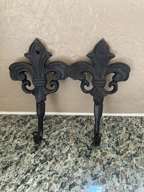 Cast Wrought Iron Fleur De Lis French Double Wall Hook Hanging Clothes EUC