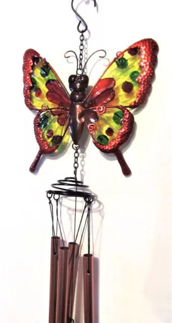 Butterfly Wind Chime Red Metal & Glass Porch or Patio Decor