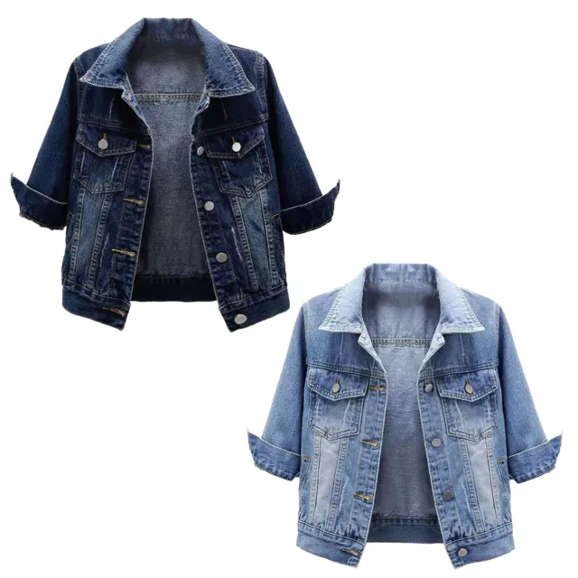 Women Short Denim Jacket Shirt 3/4 Sleeve Classic Wash Jean Trucker Jackets Coat