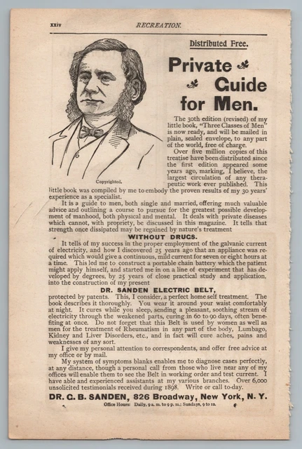 1896 Recreation Print Ad Dr Sanden Electric Belt Quack Medicine