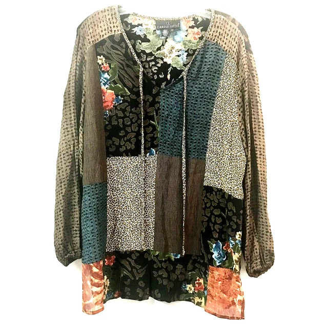 Vintage CAROL LITTLE Top Cheetah Floral Patch Colorful Boho Blouse Tunic  Sz 10