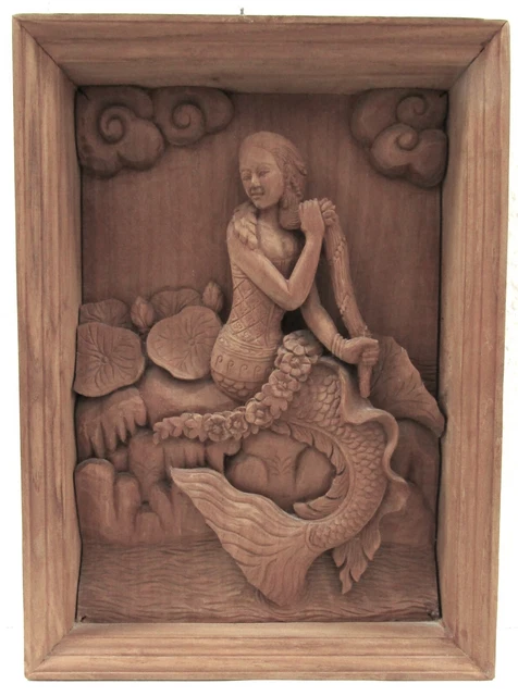 Vintage Indonesian Carved Wood Mermaid On Rocks Sculpture Framed Plaque