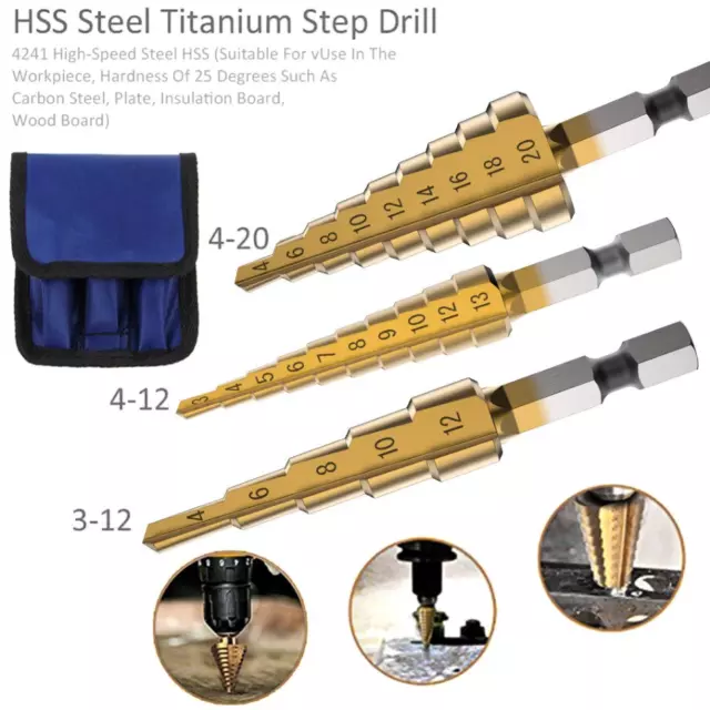 3pc Hss step drill bit set cone hole cutter Taper metric 4 - 12 / 20mm 1 / 4 "**