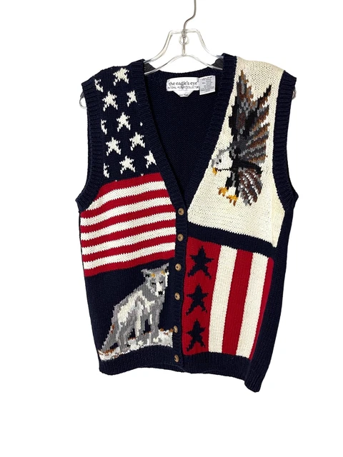 The Eagle’s Eye Vintage Womens Sweater Size Medium Hand Knit Patriotic Eagle