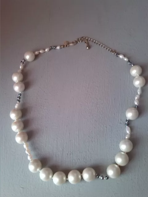 Virgin Vie Faux Large Pearl Vintage Necklace with Small Blue Beads 18 Inches