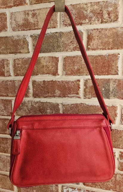 FOSSIL Purse Red Leather Shoulder Bag Adjustable Organizer Purse Travel 10.5x7"