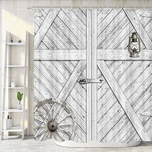 Grey Barn Door Shower Curtain Rustic Western Farmhouse Gray Old Wooden Plank ...