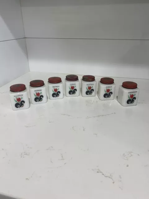 McKee Tipp City Milk Glass Spice Shakers Jars With Flowers SET OF 7 Allspice