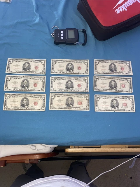 (9) 1963 $5 Five Dollar Red Seal Lincoln Dollars ☆Red Certificate Old Money!!!