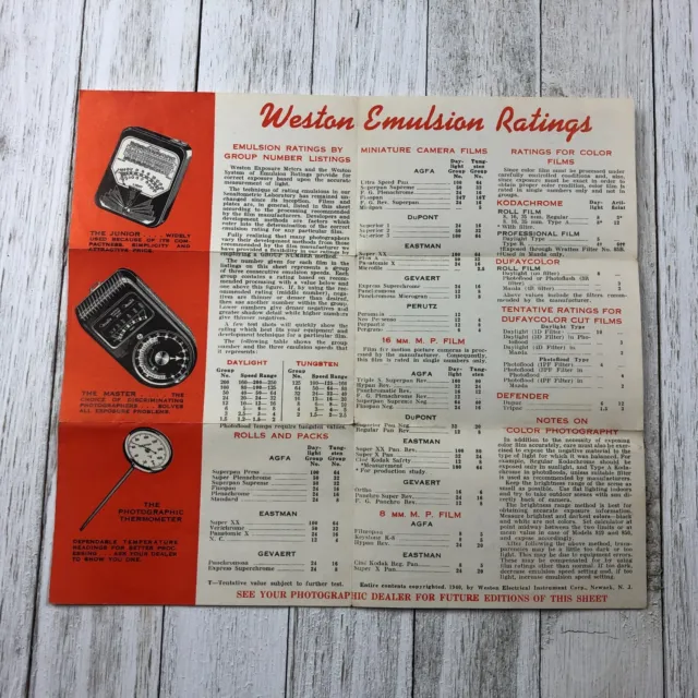 De colección Weston 1940 clasificaciones de emulsión cámara guía de clasificación de película NJ placas de emulsión