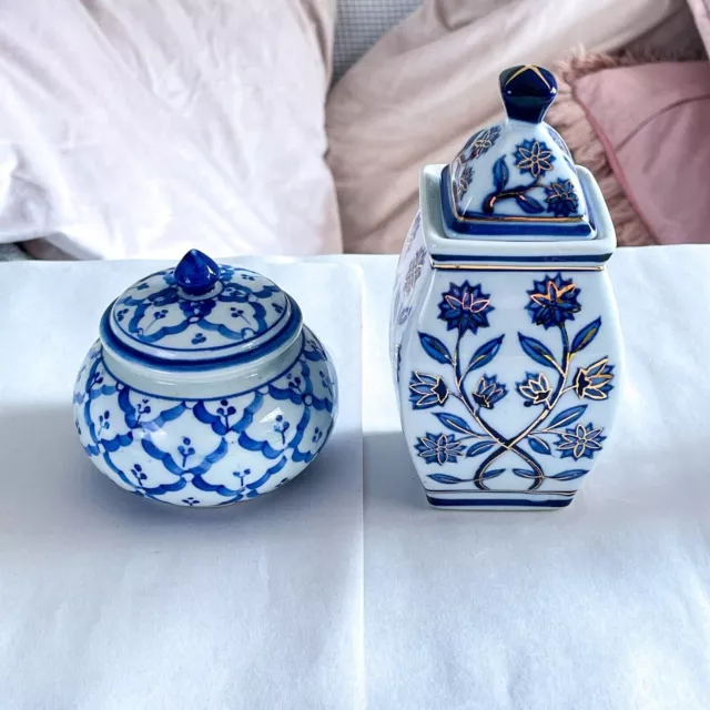 2 X Vintage Porcelain Lidded Ginger Jars Blue/White Pottery