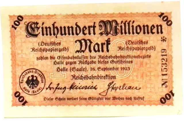 1923 Germany REICHSBAHN HALLE 100 Million / 100.000.000 Mark Banknote