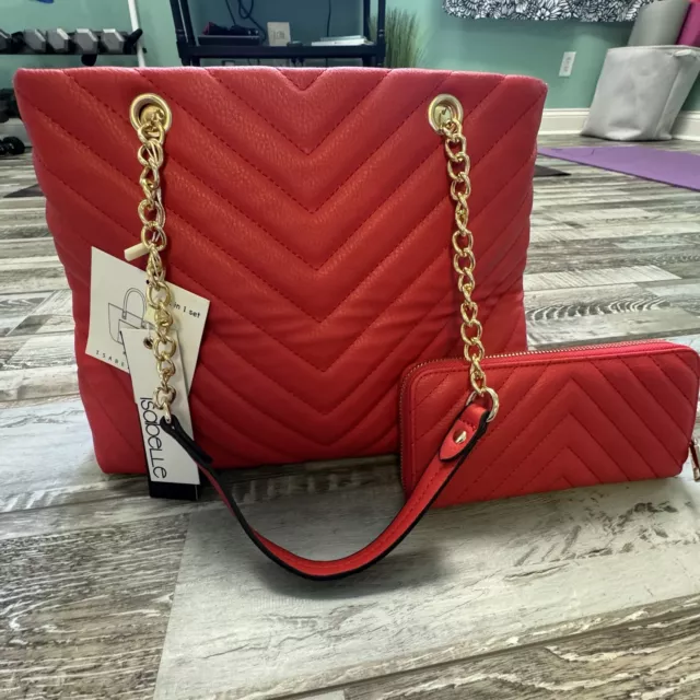 Isabelle Vegan Leather Red Handbag with Chevron Stitching & Matching Wallet NWT