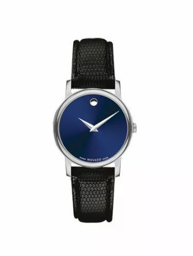 Orologio Svizzero Nuovo con Etichette Movado Museum Quadrante Blu Cinturino in Pelle Nera 2100010