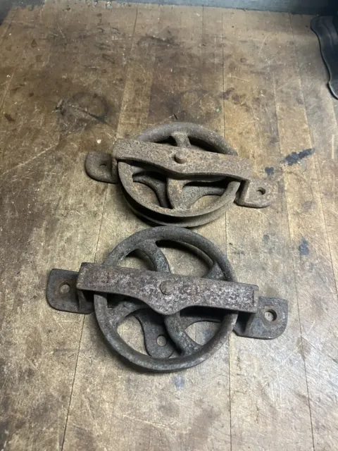 Antique Old 6 Primitive Cast Iron Barn Door Rollers Pulleys Hangers Pair Set USA