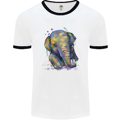 Elephant Hand Drawn Watercolour Mens White Ringer T-Shirt