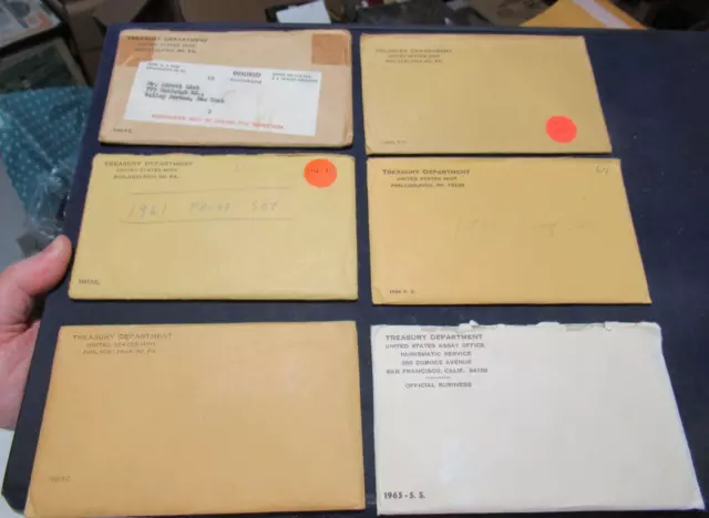 Set of 6 US Silver Coins Proof Sets, 1960-1965, Orig, US mint Envelopes