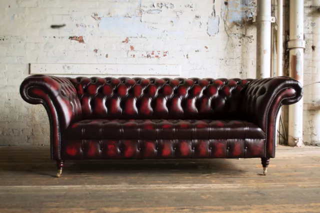 Traditional 3 Seater Antique Oxblood Red Leather Chesterfield Sofa, Settee