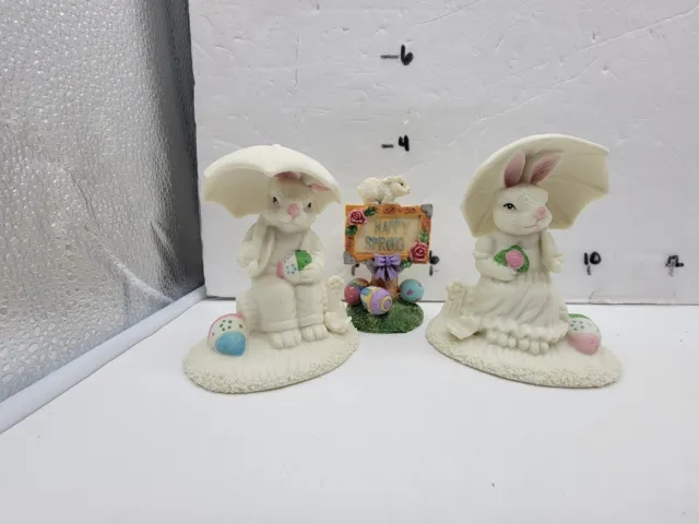 Easter Bunny Jade Collection Figurines Set of 2 Rabbit with Umbrellas
