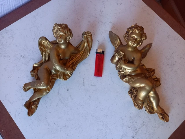 Statuettes D'anges Et Chérubins En Plâtre - Finition Dorée, Petites Sculptures Vintage Avec éclats De Peinture