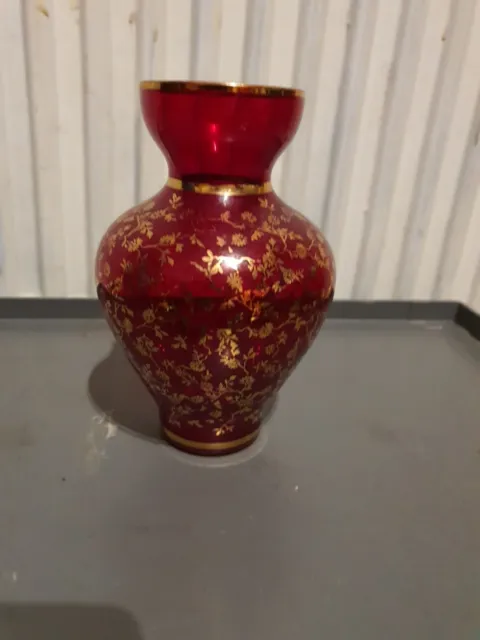 Small Vintage VECCHIA Murano Hand Blown Ruby Red & 24k Gold Venetian Glass Vase