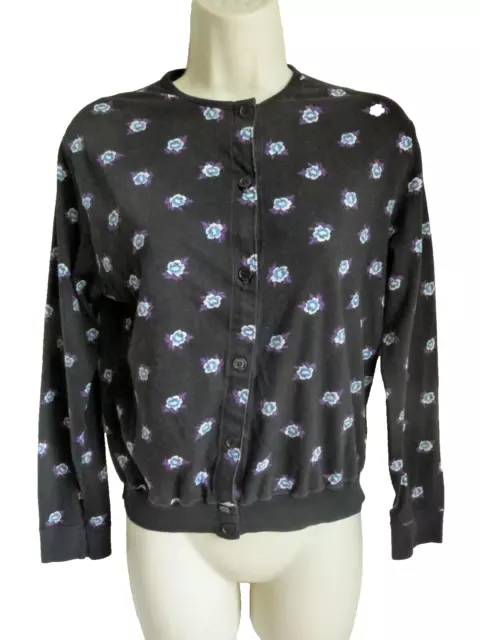 KENZO PARIS Sweater Cardigan S/M Black Button Down Floral Y2K Made in France