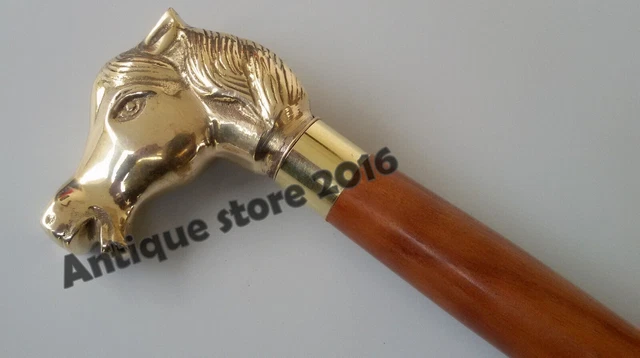 Vintage Nautical Brass Horse Head Handle With Brown Walking Stick Cane Best Gift