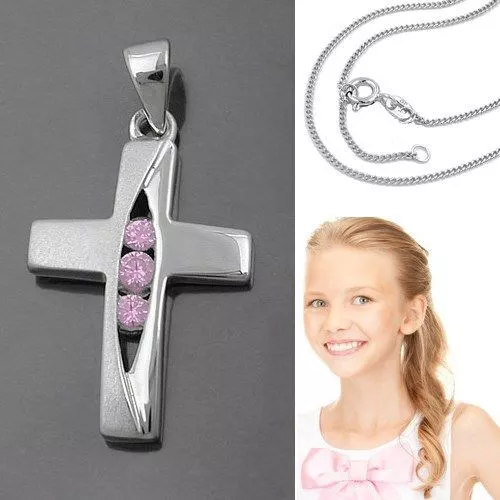 Mädchen Kreuz Taufe Kinder Kommunion Zirkonia Steine pink Silber 925 mit Kette