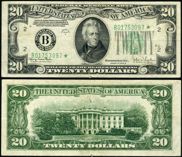 FR. 2058 B* $20 1934-D Federal Reserve Note New York B-* Block Wide VF+ Star