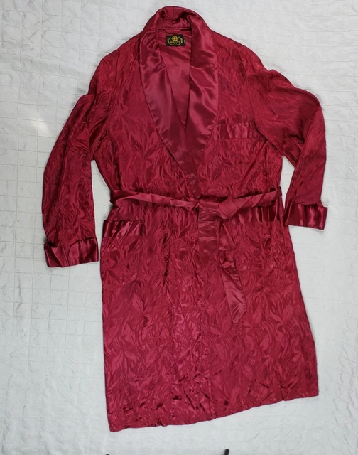 Vintage 60s Brent Smoking Jacket Robe LARGE LONG Red Satin Hugh Hefner Playboy