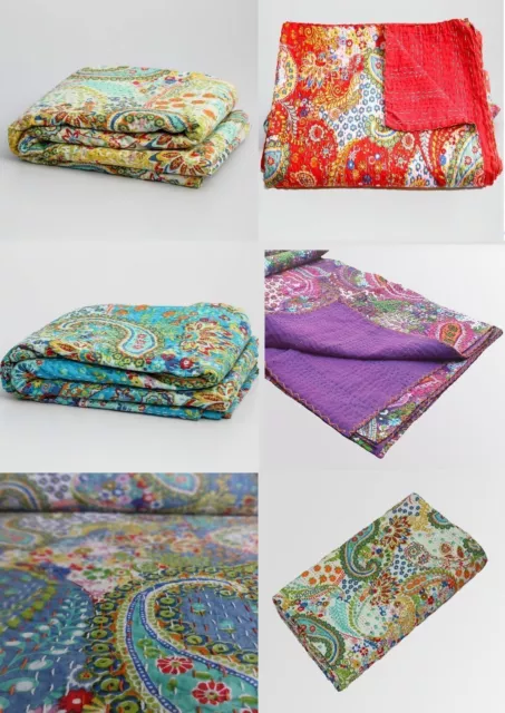 Indian Vintage Handmade Kantha Quilt Throw Cotton Reversible Blankets Bohemian