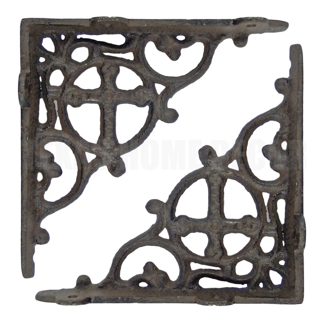 2 Cast Iron Shelf Brackets with Cross Scrolls Antique Style Braces Brown 5 5/8"
